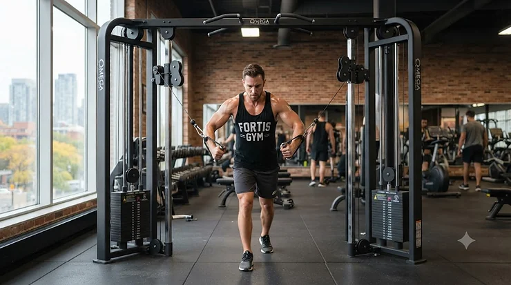 Commercial cable crossover machine in a modern Canadian fitness centre.