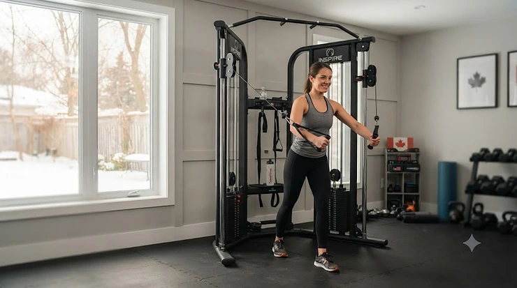 Compact cable crossover machine set up in a modern Canadian home gym.