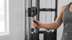 Close-up of adjustable pulley settings on a compact cable crossover machine.
