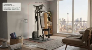 Technical drawing highlighting the minimal footprint and dimensions required for a small-apartment home gym setup.