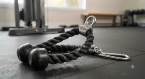 Close-up illustration of braided heavy-duty nylon and solid steel ring features on a premium tricep rope attachment built to withstand intense Canadian gym routines.