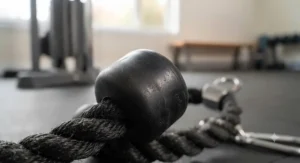 Graphic illustration focusing on the secure, non-slip rubber stoppers of a commercial-grade tricep rope attachment for enhanced grip safety.