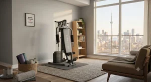 Diagram illustrating a space-saving home multi-gym folded upright for easy storage in a small apartment closet.