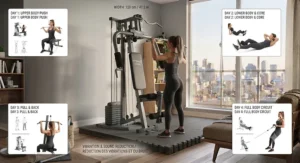 Step-by-step visual guide for a full-body strength training routine using a single home multi-gym in a tight space.