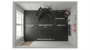 Floor plan view of a compact cable crossover machine in a small basement gym.