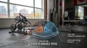 Graphic demonstrating the footprint required for cable stack versus plate-loaded row equipment in home gyms.