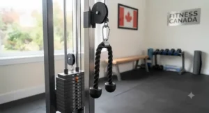 Illustration of a compact home gym setup across Canada featuring a versatile cable pulley system equipped with a standard tricep rope attachment.