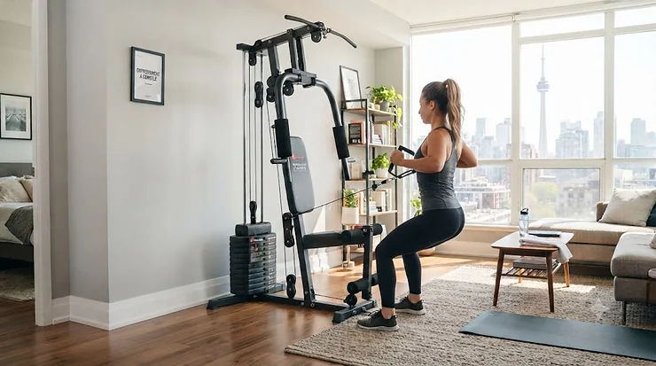 A compact home multi-gym set up in a modern Toronto apartment living room, ideal for small space fitness in Canada. home multi-gym for small apartments