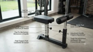 Detailed view of the adjustable seat and thigh support pad on the plate loaded lat pulldown machine.