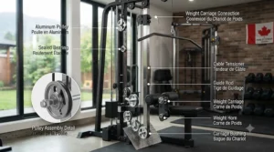 High-tensile strength cable and pulley system detail on the plate loaded lat pulldown machine.