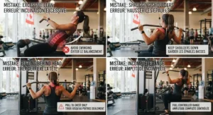 Icons highlighting common errors to avoid when using a seated lat pulldown machine.