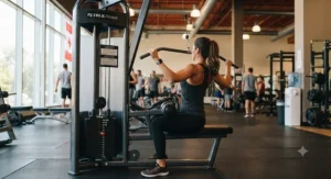 Diagram showing correct posture and grip while using a seated lat pulldown machine.