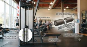 Technical illustration on how to adjust the seat and leg pads of a seated lat pulldown machine.