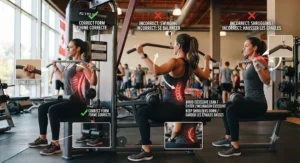 Safety guide for maintaining controlled movement on a seated lat pulldown machine.