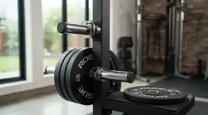 Integrated Olympic weight plate storage pins on a heavy-duty plate loaded lat pulldown machine.