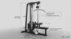 Technical footprint and dimensions of the plate loaded lat pulldown machine for Canadian fitness spaces.