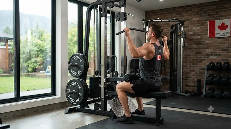Commercial-grade plate loaded lat pulldown machine installed in a Canadian home gym setting.