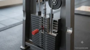 Illustration of plate loaded lat pulldown machine highlighting lever resistance. / Illustration d'une machine à tirage vertical à disques mettant en évidence la résistance par levier.