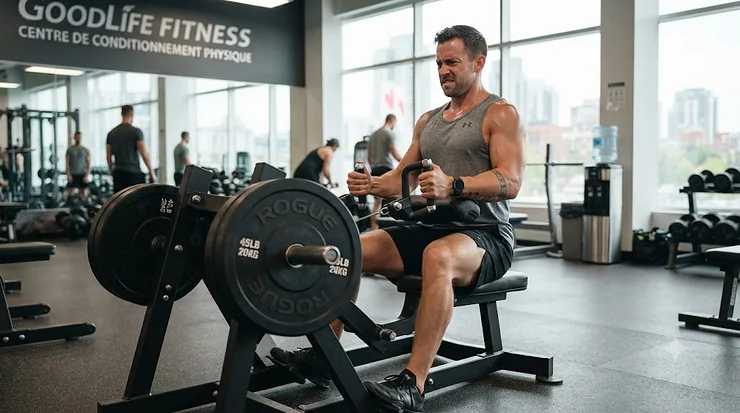 A professional athlete using a plate loaded seated row machine in a Canadian gym.