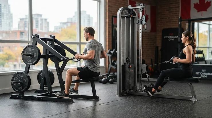 Side-by-side comparison of a plate-loaded row machine and a cable stack row machine in a modern Canadian home gym, highlighting differences in resistance and design. plate loaded row machine vs cable stack row machine