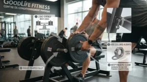 Safety guide for loading plates onto a seated row machine.
