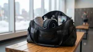 Compact and lightweight cable ankle strap packed inside a fitness bag, ideal for workouts across Canada.