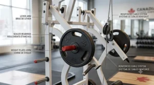 Ergonomic setup guide for lat pulldown machines, emphasizing safety and form. / Guide d'installation ergonomique pour les machines à tirage vertical, mettant l'accent sur la sécurité et la posture.