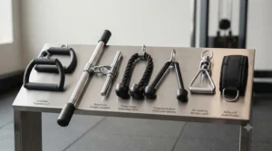 Various handle attachments for a commercial cable crossover machine.