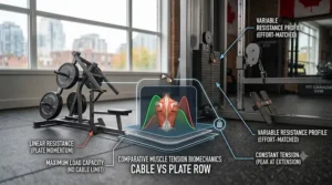 Comparison chart showing the variable range of motion on plate-loaded versus cable row machines.