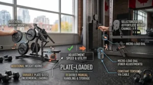 Infographic detailing the setup and quick-adjust features of cable row machine stations.