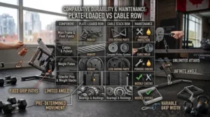 Visual guide comparing handle attachment options for cable stack row machines vs. fixed arms.