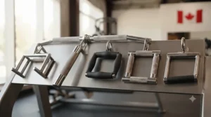 Close-up of different handle attachments for the seated cable row machine to target various back muscles.