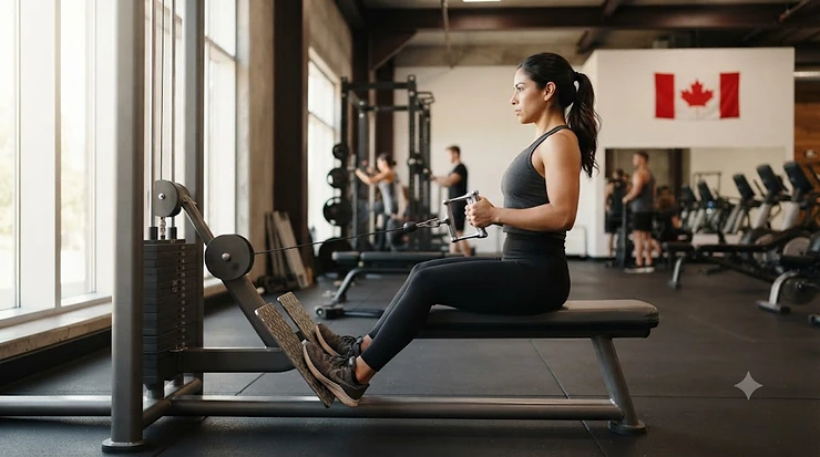 Person using a seated cable row machine in a Canadian gym, focusing on proper form and back muscle engagement.