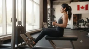 Mid-pull phase of the seated cable row movement, highlighting scapular retraction and elbow path.