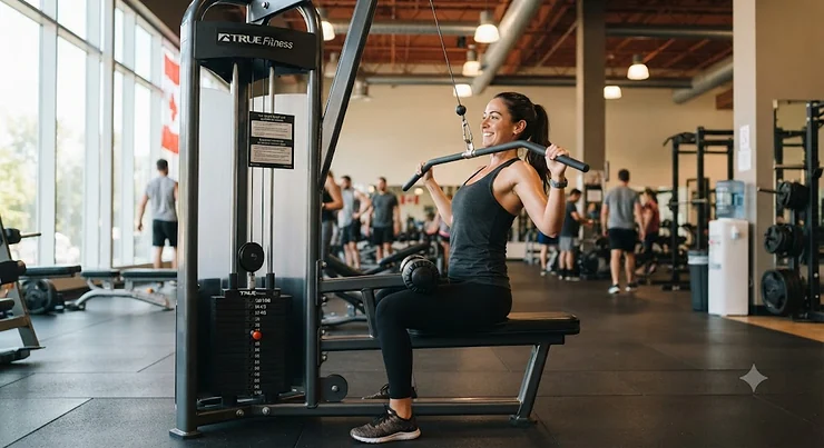 Person using a seated lat pulldown machine in a bright, modern Canadian fitness facility.