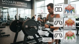 Different handle grips for targeting back muscles on a row machine.