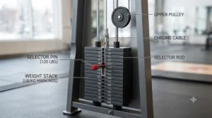 Diagram showing how a weight stack cable system functions for lat pulldown exercises. / Schéma illustrant le fonctionnement du système de câbles à charge automatique pour les tirages verticaux.