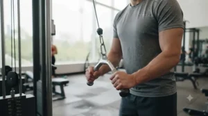Diagram showing proper wrist and elbow alignment while performing cable pushdowns with a tricep bar attachment.