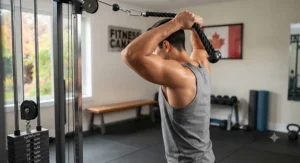 Vector illustration of an athlete performing an overhead tricep extension with a rubber-end tricep rope attachment for optimal muscle targeting.