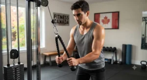 Fitness illustration demonstrating a proper tricep pushdown exercise using a heavy-duty tricep rope attachment to build upper body strength.