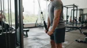 Side profile illustrating the expanded range of motion achieved at the bottom of a tricep rope pushdown exercise.