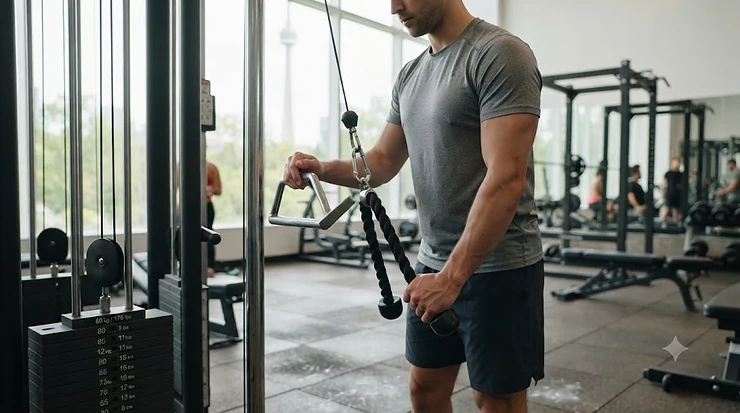 A comparison of a tricep rope vs tricep bar attachment on a cable machine in a Canadian home gym, highlighting differences for arm workouts.