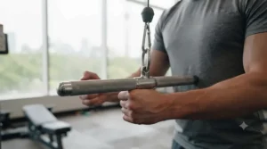 Overhead view of hands gripping a straight tricep bar attachment on a cable pulldown station in a gym.