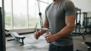 Athlete performing a tricep pressdown using an angled V-bar cable attachment for targeted arm development.