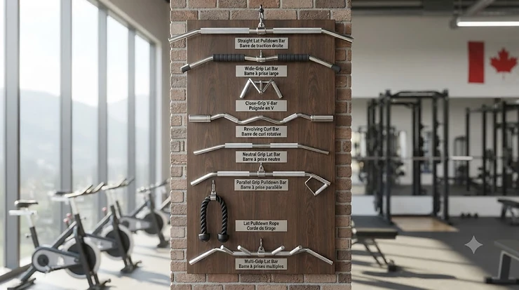 Comprehensive guide showing various types of lat pulldown bars available for gym equipment setups across Canada.