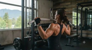 Athlete using wide-grip lat pulldown bar attachment