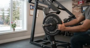 Loading standard weight plates onto the weight horns of a leverage chest press machine.