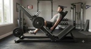 Side view of an adjustable hack squat machine for a home gym showing plate-loaded weight horns.