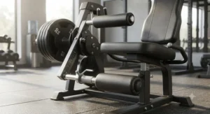 Adjustable shin roller pad mechanism on a plate-loaded leg extension machine for secure ankle placement.