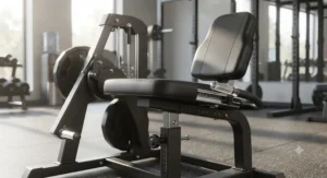 Close-up of the adjustable seat and backpad on a plate-loaded leg extension machine for custom fit.